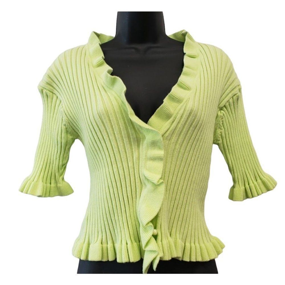 BCBGeneration Button Sweater Top Women's MEDIUM Green Ruffled Short-Sleeve NEW